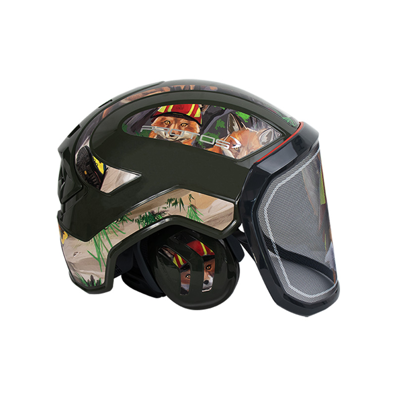 CASCO PROTOS INTEGRAL FOREST - COLOR OLIVA CON LOGO Y PANTALLA ZORRO